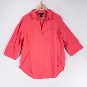 Faith & Zoe Top Blouse Womens Large Pink 100% Linen Popover Roll Tab Sleeves